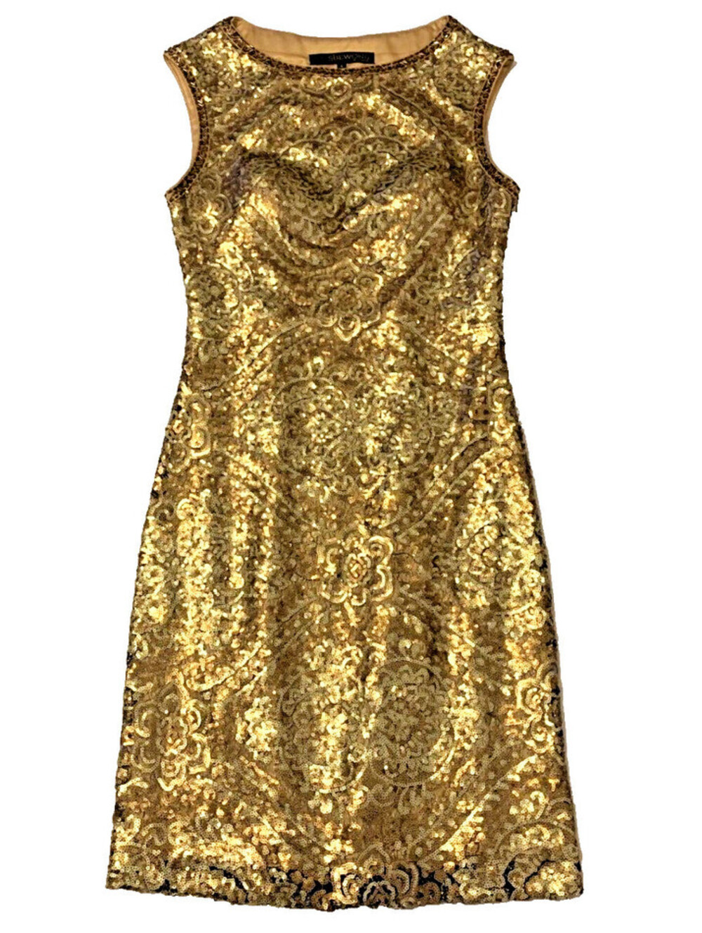 Sue Wong Full-Sequin Cocktail Evening Dress GOLD PAISLEY PATTERN Size 4 VTG Y2K